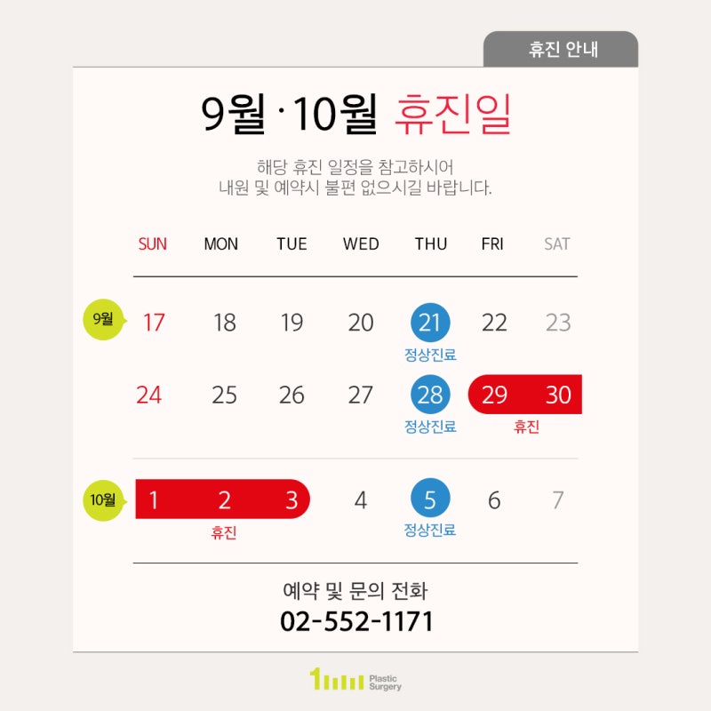 1mm Plastic Surgery Clinic: September & October 2023 Consultation and Holiday Notice